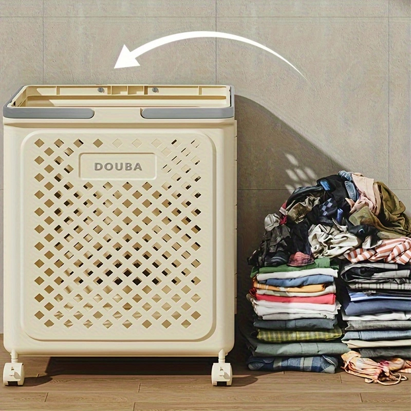 Sammenleggbar oppbevaringskurv, liten plastkurv med hjul og håndtak, plassbesparende rullekurv