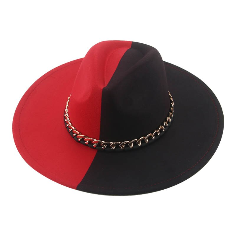 Sombrero Fedora de fieltro para hombre y mujer, gorro de ala grande de 9,5 cm, de retales en negro, blanco y rojo, informal de lujo: 6