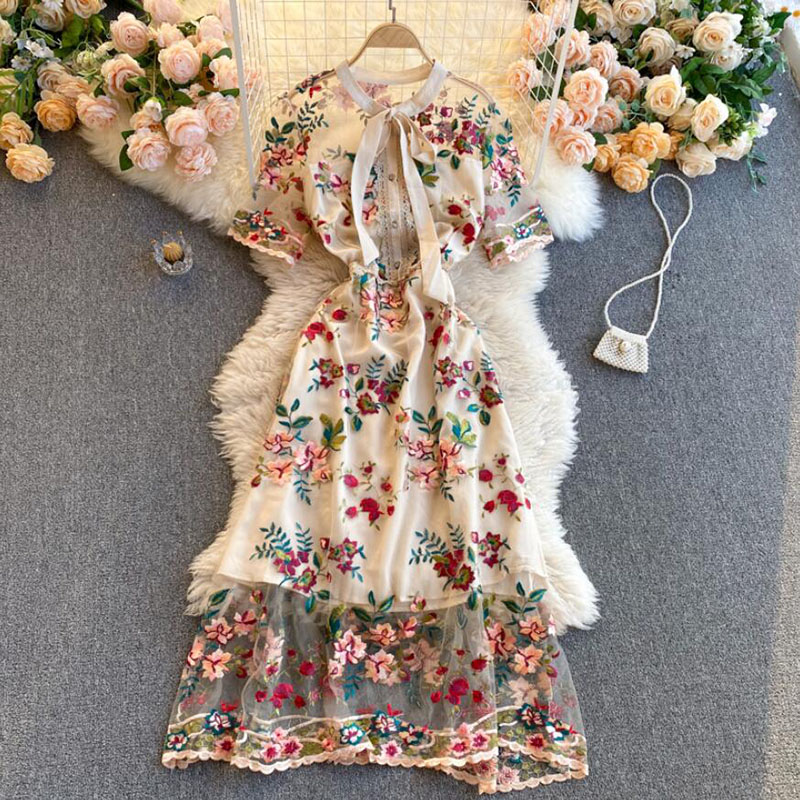 Party Lace Mesh Dress Women Flower Embroidery Dress Summer Female Bow Collar Short Sleeve Long Dress Vestidos