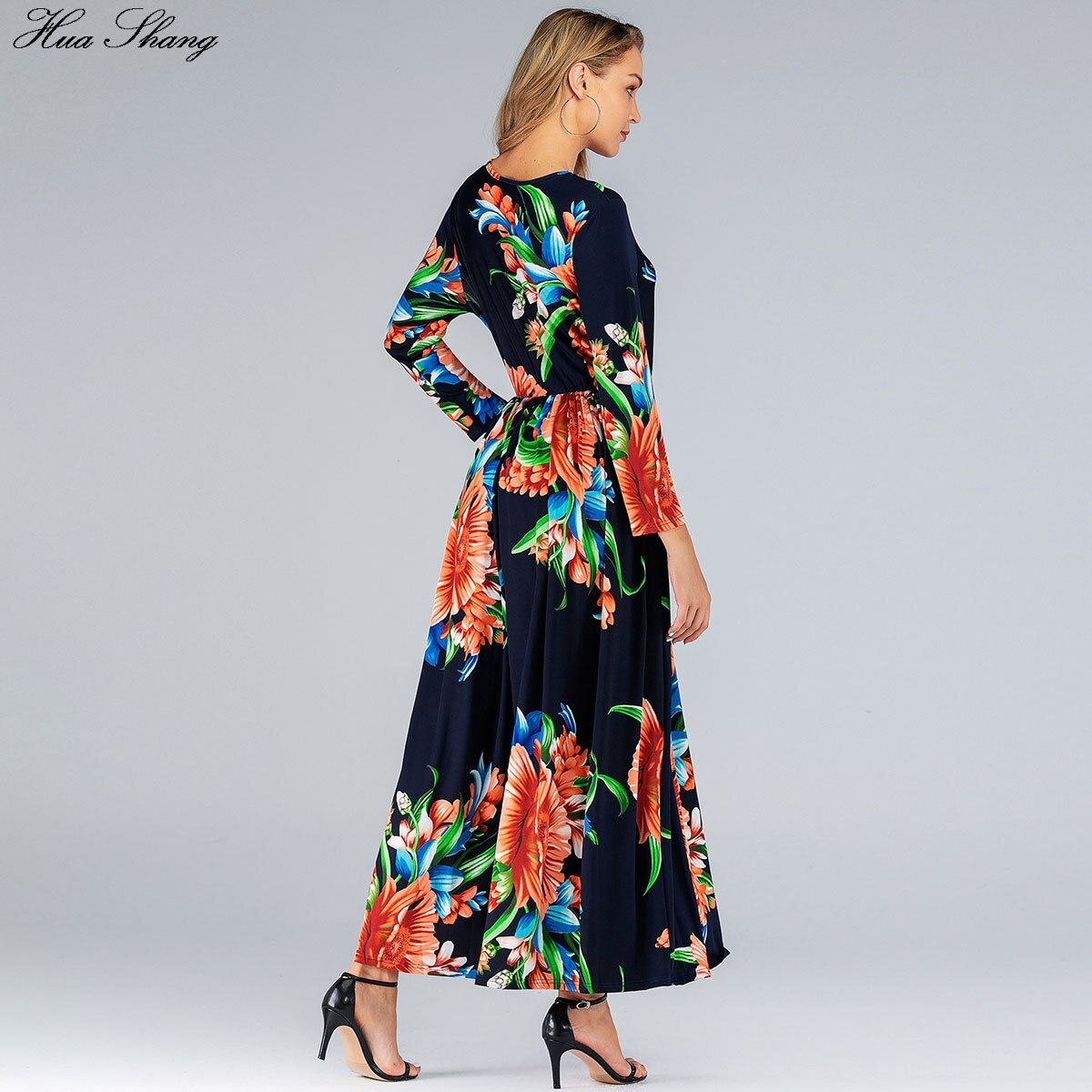 Plus size kjole 6xl kvinder sommer lange ærmer blomsterprint boho strandkjole lommer dame tunika maxi lange kjoler