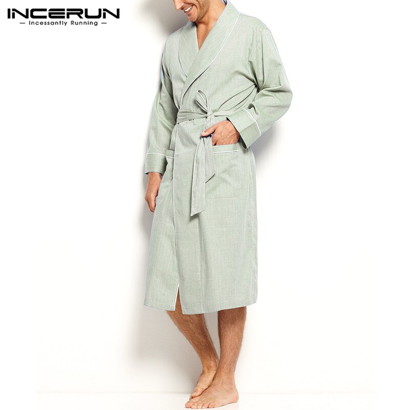 Menn sovekåpe ensfarget langermet koselige badekåper fritids hjemmeklær jakkeslag nattkjole menn kimono morgenkåpe incerun