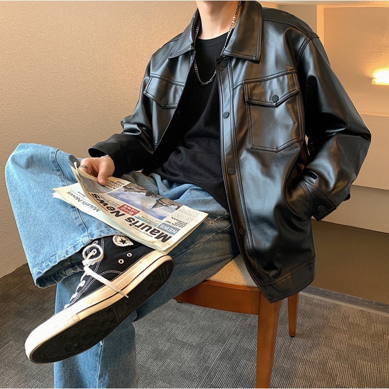Herr vår svart mjuk konstläderjacka herr hiphop jacka läder manliga oversize streetwear fickor pu läderkläder