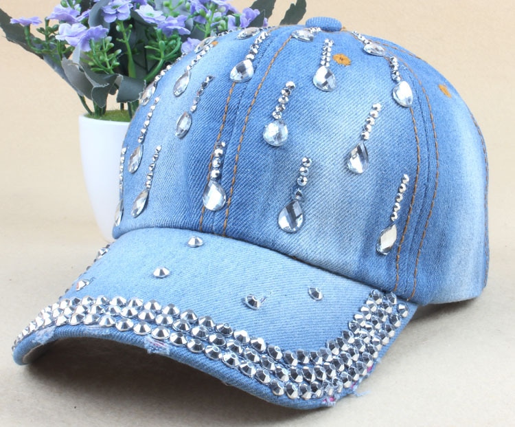 Denim Hip Hop Caps Leisure Woman Cap With Water Rhinestones Vintage Jean Cotton Baseball Caps For Men: 2