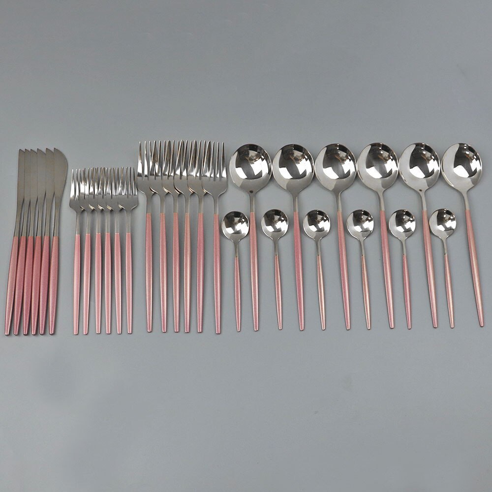 30 st svart guld servis set 18/10 rostfritt stål porslin bestick set enkel middag kniv gaffel sked cutler: Rosa silver
