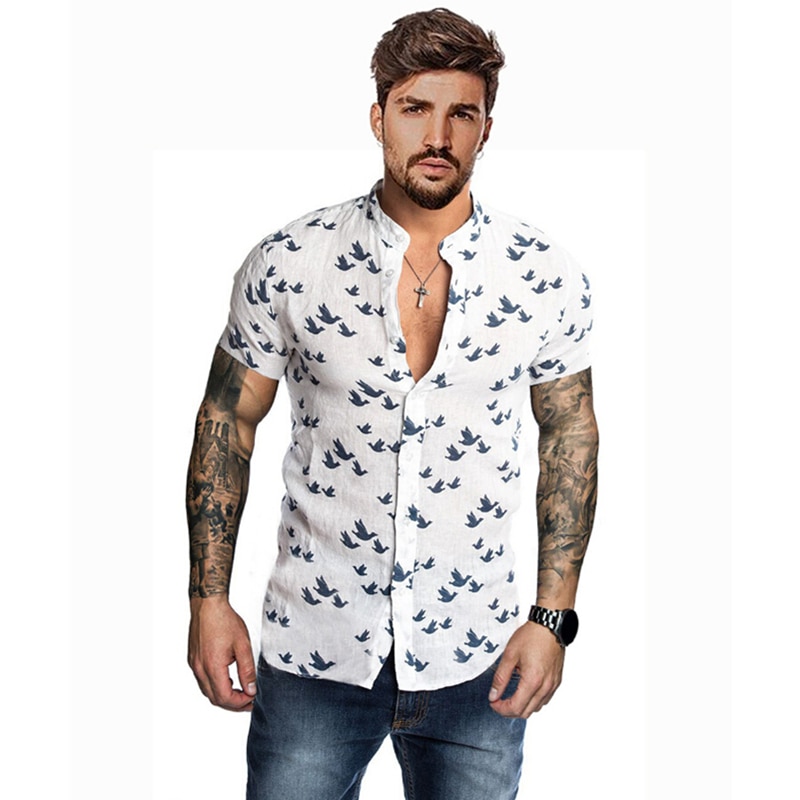 Sommer skjorter med korte ærmer til mænd med tryk overdele herre slim fit knap foran skjorter fugle mønstertryk bluse afslappet skjorter toppe