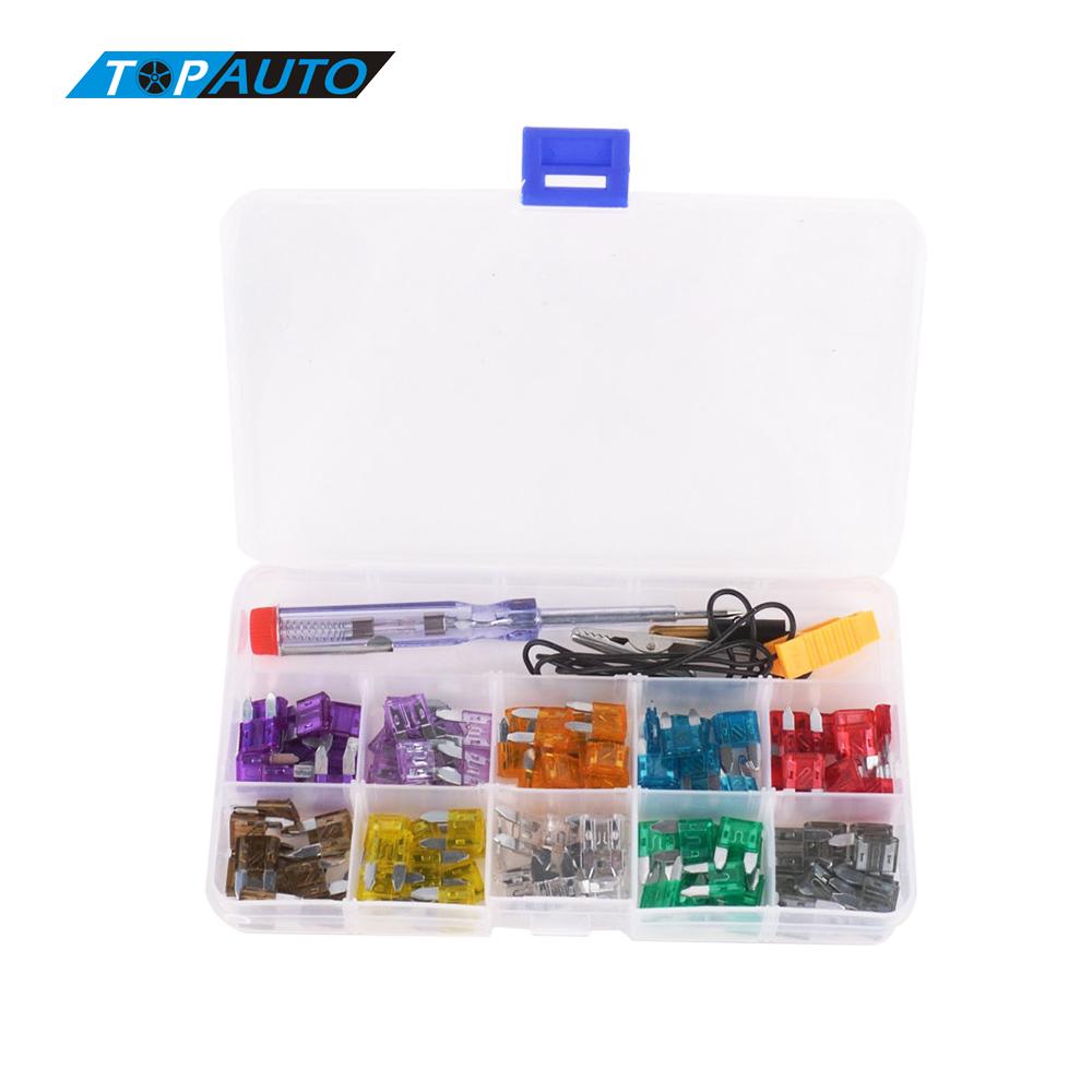 100Pcs Mini Auto Zekering Kit Kleurcode Voor Tien Amps Zekeringen Met Alligator Clip Elektrische Tester Tweezer Zekering Puller