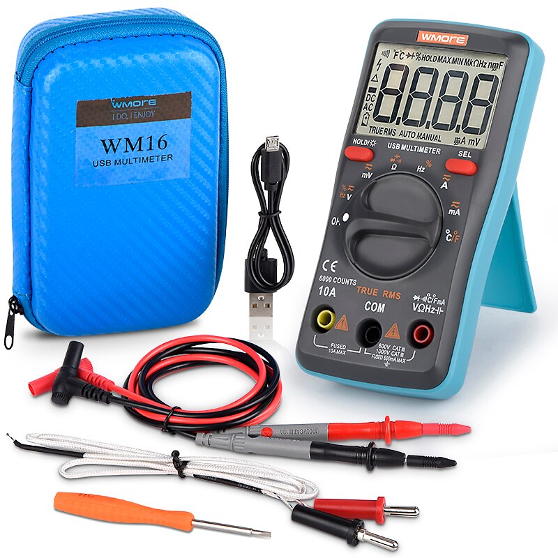Wmore USB Charge Digital Multimeter for Tester 6000 counts Auto Ranging AC/DC voltage meter Flash light Back light Top: Red