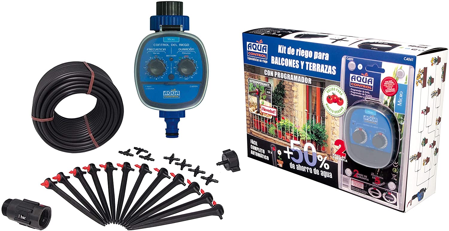 Riego por goteo para programador de Balconies-C4099N + 12 goteros autocompensadores de 2 l / h + microtubo de 4mm, Kit C4061
