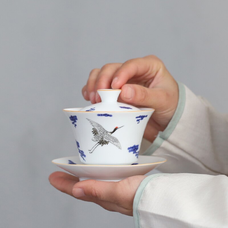 Gaiwan bol à thé chinois en céramique, porcelaine bleue et blanche de 110ml service à thé Kung Fu, théière à thé, vaisselle, décor de grue