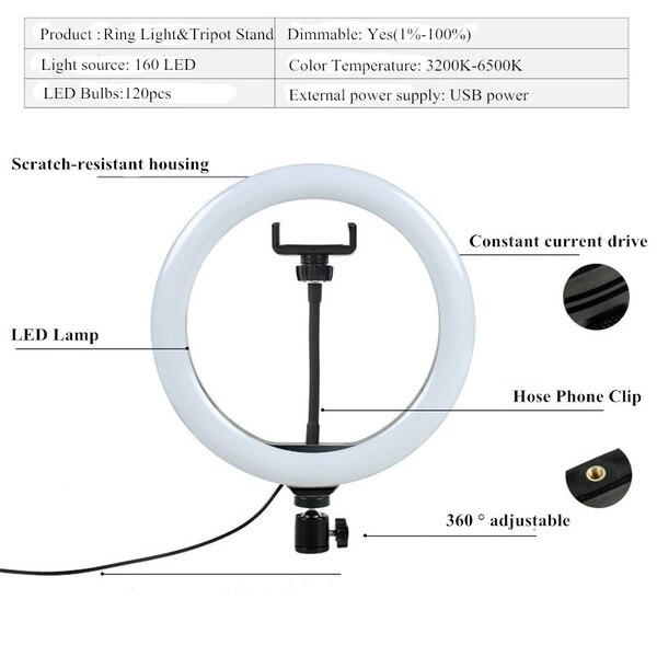 Neue LED Ring Licht 26cm Licht mit 50/160cm Stativ Fotografie LED Selfie Licht mit Stand USB Ring Lampe mit Telefon Halfter