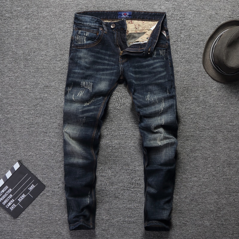 Vintage mænd jeans slim fit bomuld denim bukser ripped jeans til mænd vilde klassiske jeans homme størrelse 28-38