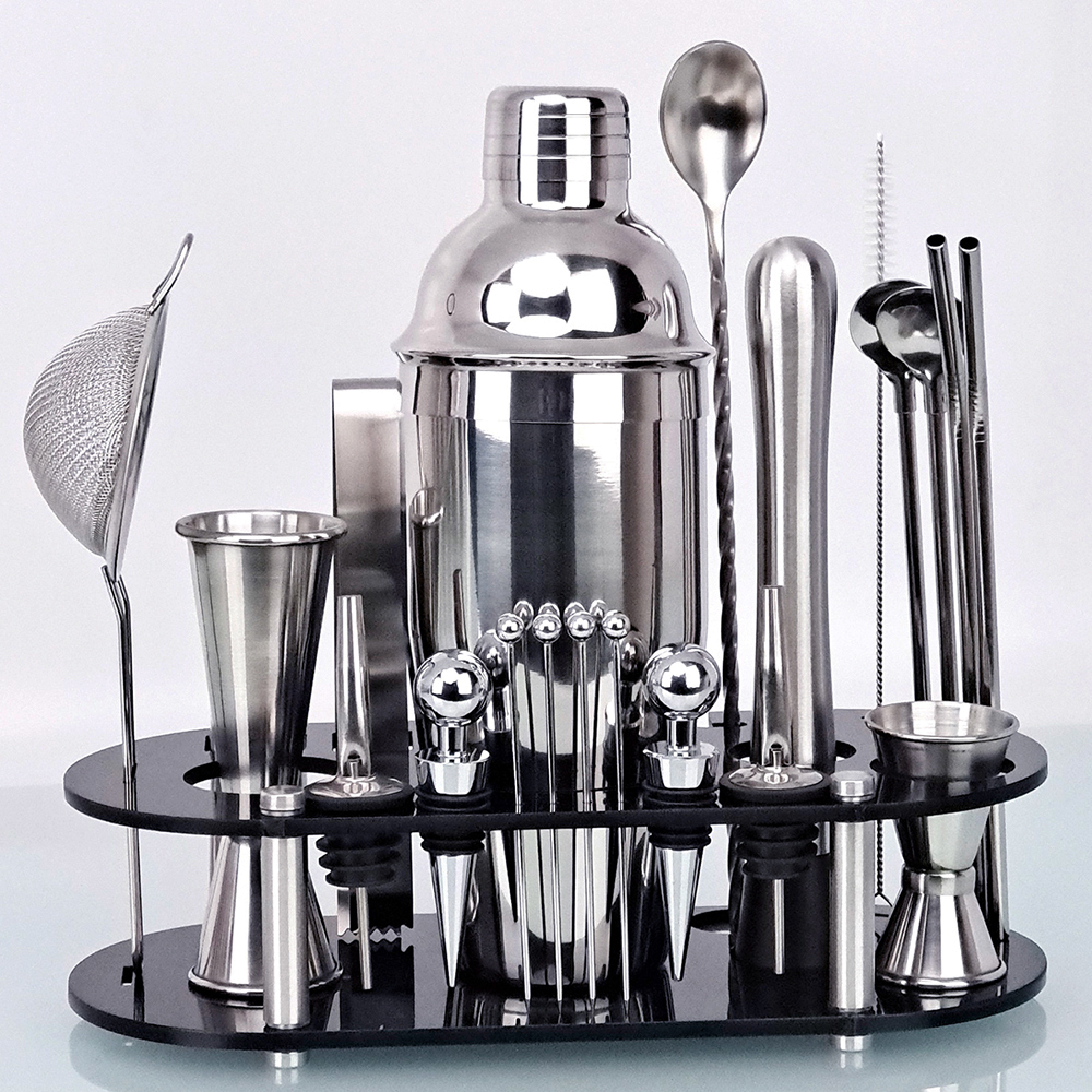 Stainless Steel Bar Cocktail Shaker Set Barware Tools Shaker Sets with Wooden Rack: 750ML