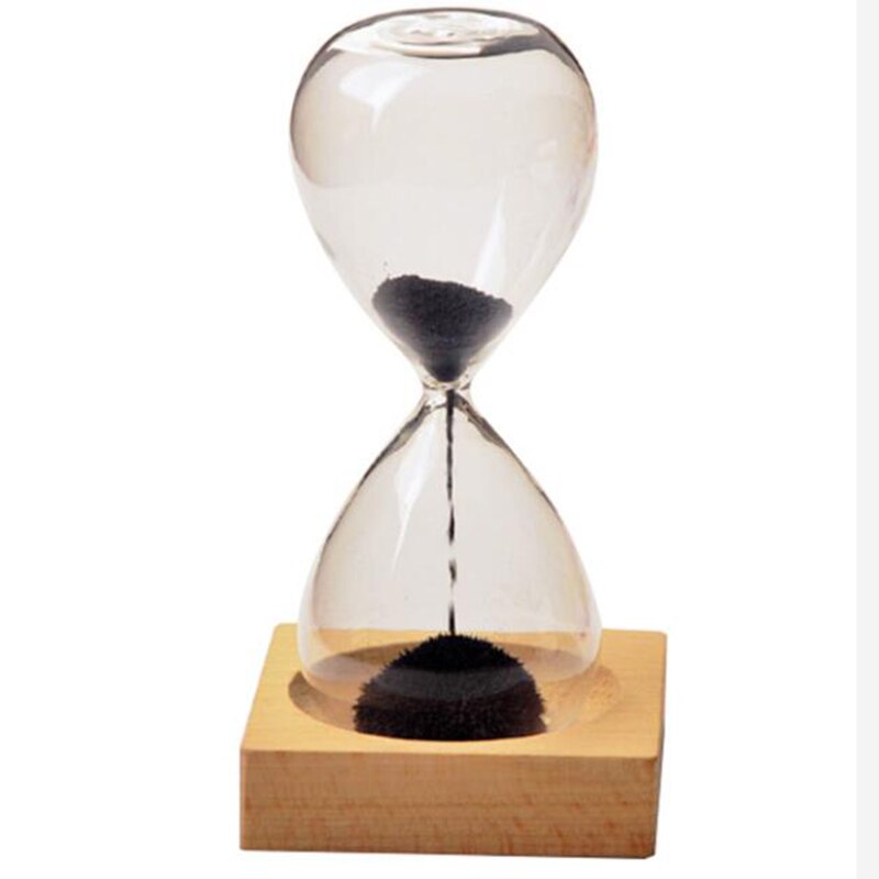 Wood glass + Iron Powder Sand Iron Flowering Magnetic Hourglass with Packaging Hourglass 13.5 * 5.5cm Wooden Seat Presents: black