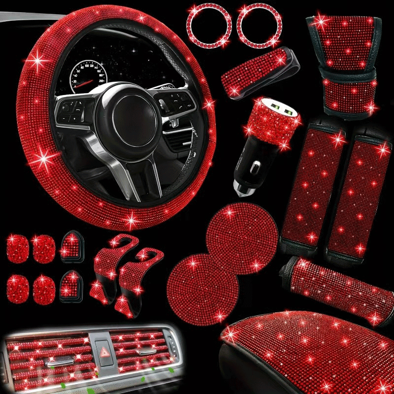 Juego de accesorios para coche, 30 piezas, cubierta Universal ostentosa para volante para mujer, salida de aire brillante, posavasos, herramientas, gancho L, freno de mano, Etc.: Oro
