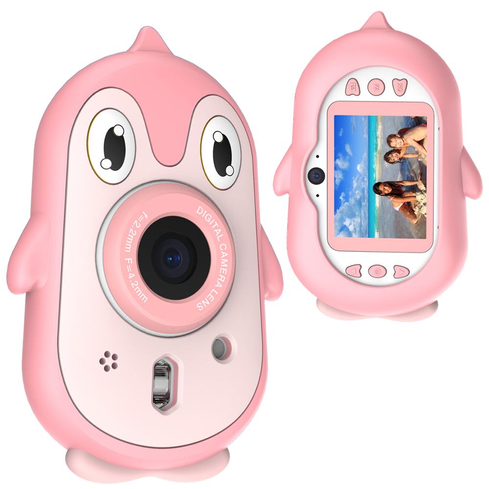 Crianças câmera digital 2mp 1080p pinguim bonito ip68 à prova dip68 água de vídeo 2.4 polegada tela jogo crianças câmera presente natal cartão memória: Pink