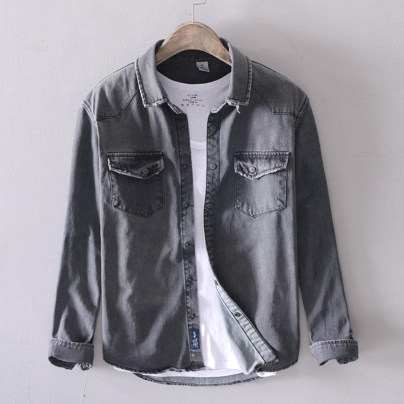 Menn uformelt denim skjorte slank bomull langermet vår solide myke topper herre grå denim skjorte chemise homme: Svart / M