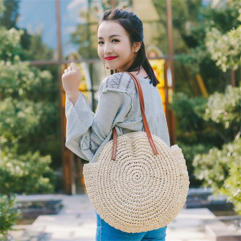 Ronde Stro Strandtas Vintage Handgemaakte Geweven Schoudertas Raffia Cirkel Rotan Zakken Bohemian Zomervakantie Casual Tassen