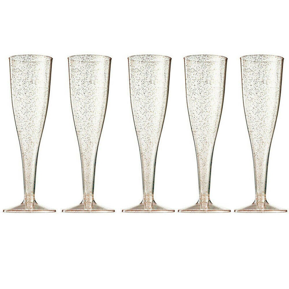 5pcs Gold Glitter Plastic Champagne Flutes ~ 6 Oz Clear Plastic Toasting Glasses: Default Title