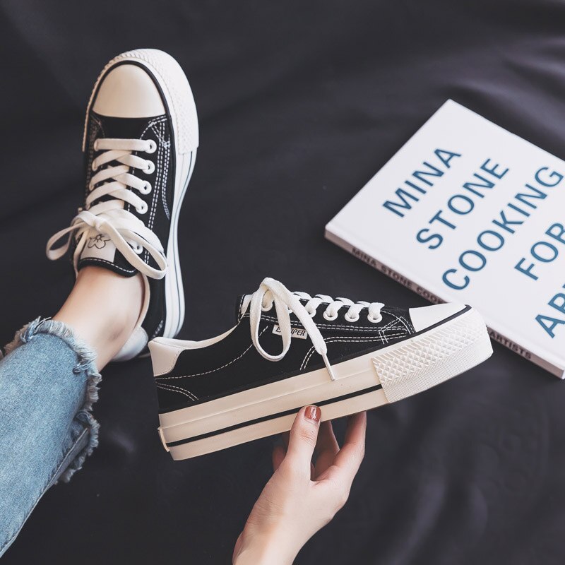 Woman Platform Shoes Women Shoes Casual Solid Canvas Sneakers Classic Women Casual Shoes Sneakers White: Black / 6