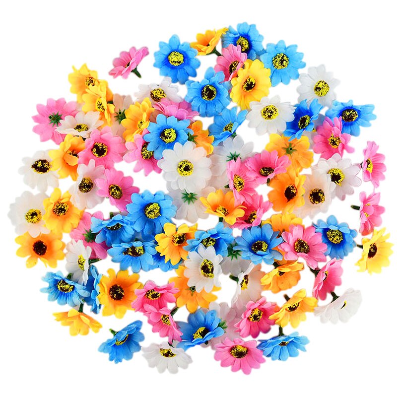 100 stk 4.5cm mini solsikke silke kunstige blomster hoveder daisy blomst til bryllupsfest hjem dekoration diy scrapbooking krans: S01 s02 s03 s04 bland