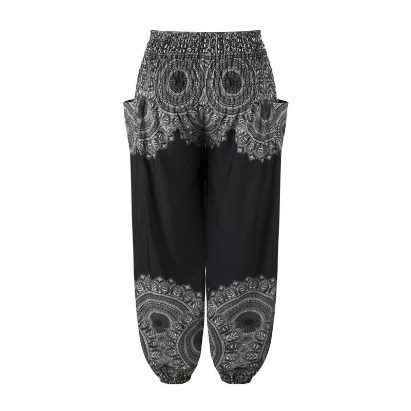 Men Thai Harem Pants Casual Trousers Loose Elastic Waist Vintage Print High Waisted Beach Pants Unisex Women Drawstring