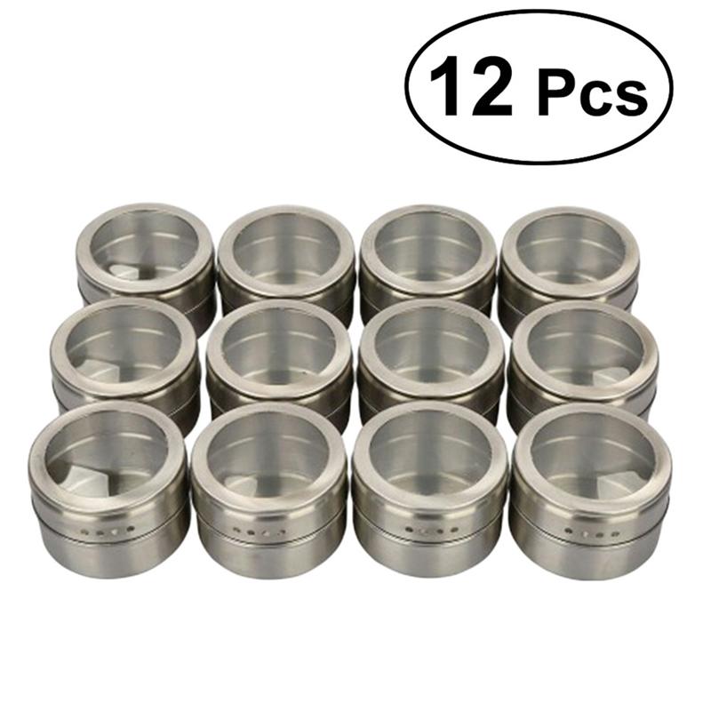 12Pcs Multi-Purpose Spice Storage Tins Stainless Steel Magnetic Clear Top Lid with Sift or Pour Magnetic on Refrigerator & Grill
