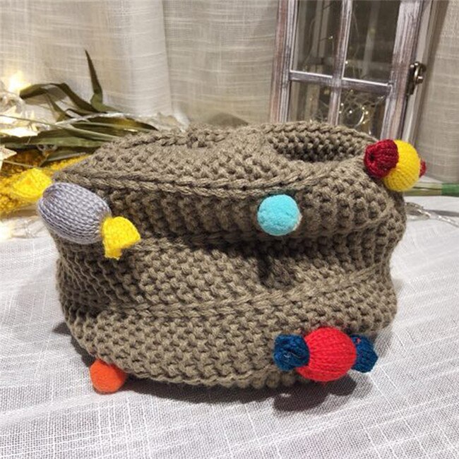 Höst vinter pojkar tjejer halsduk baby barn halskrage färgglad pompom godis halsduk varm tjock stickad ull barn o ring halsdukar: Kaki