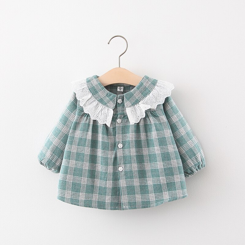 Yaloode forår efterår pige skjorte o-hals blonder bomuld plaid bluse skjorter til baby piger tøj: Grøn / 13-24 måneder