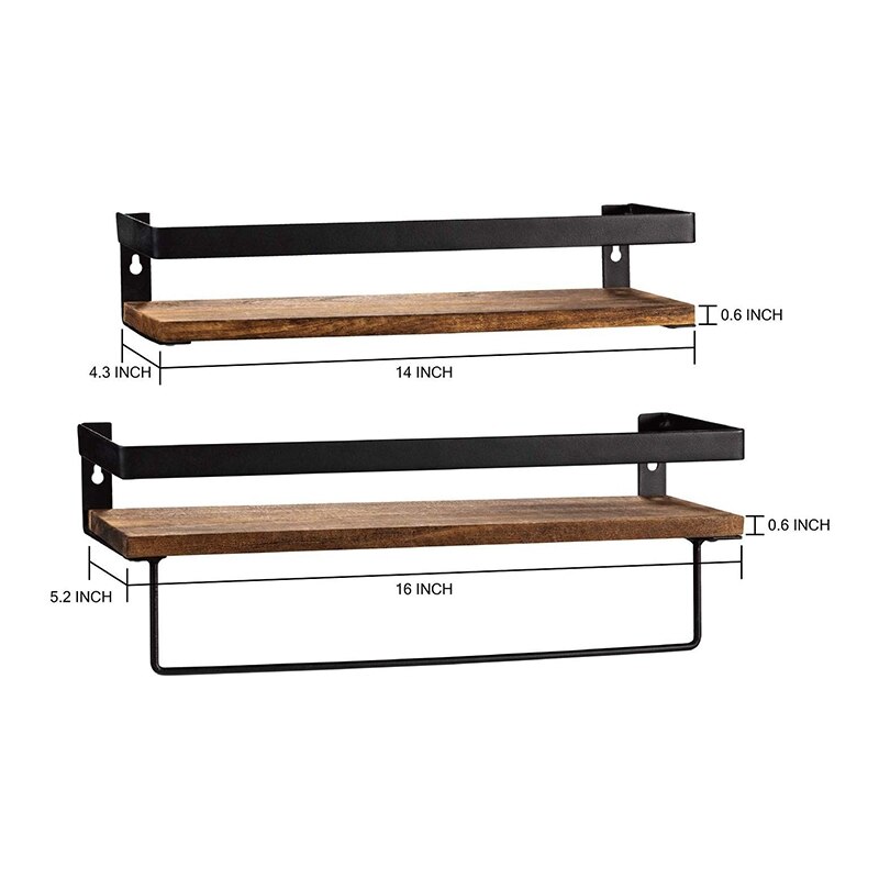 Mensola portaoggetti per bagno impostato da parete di 2, mensole galleggianti in legno rustico con portasciugamani rimovibile, perfette per cucina, bagno