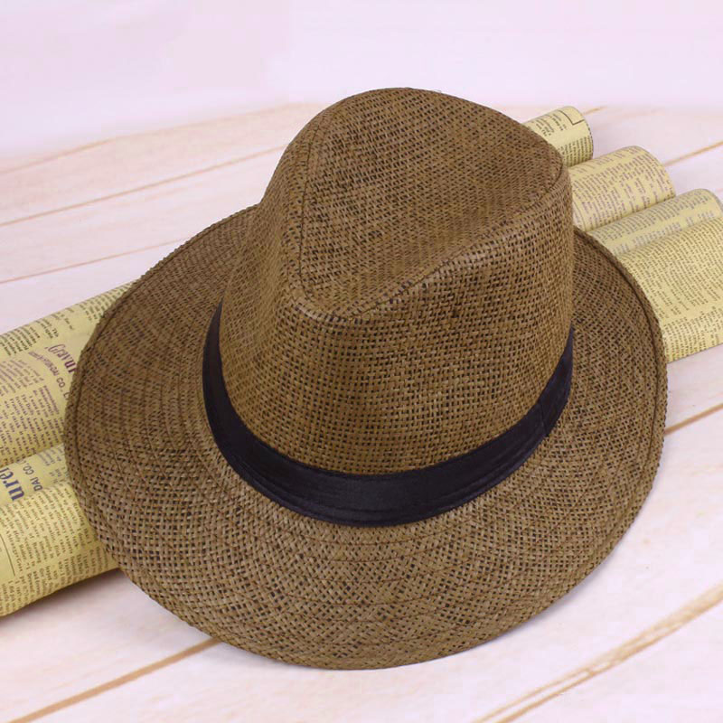 Mænd halm panama hat håndlavet cowboy kasket sommer strand rejse solhat  zj55: Kaffe