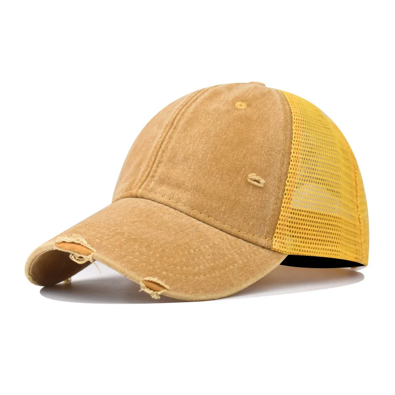 Gorra de béisbol lavada de malla de algodón transpirable para hombre y mujer, gorra de tabla ligera rasgada antigua, sombrero Vintage de primavera y verano: Gris