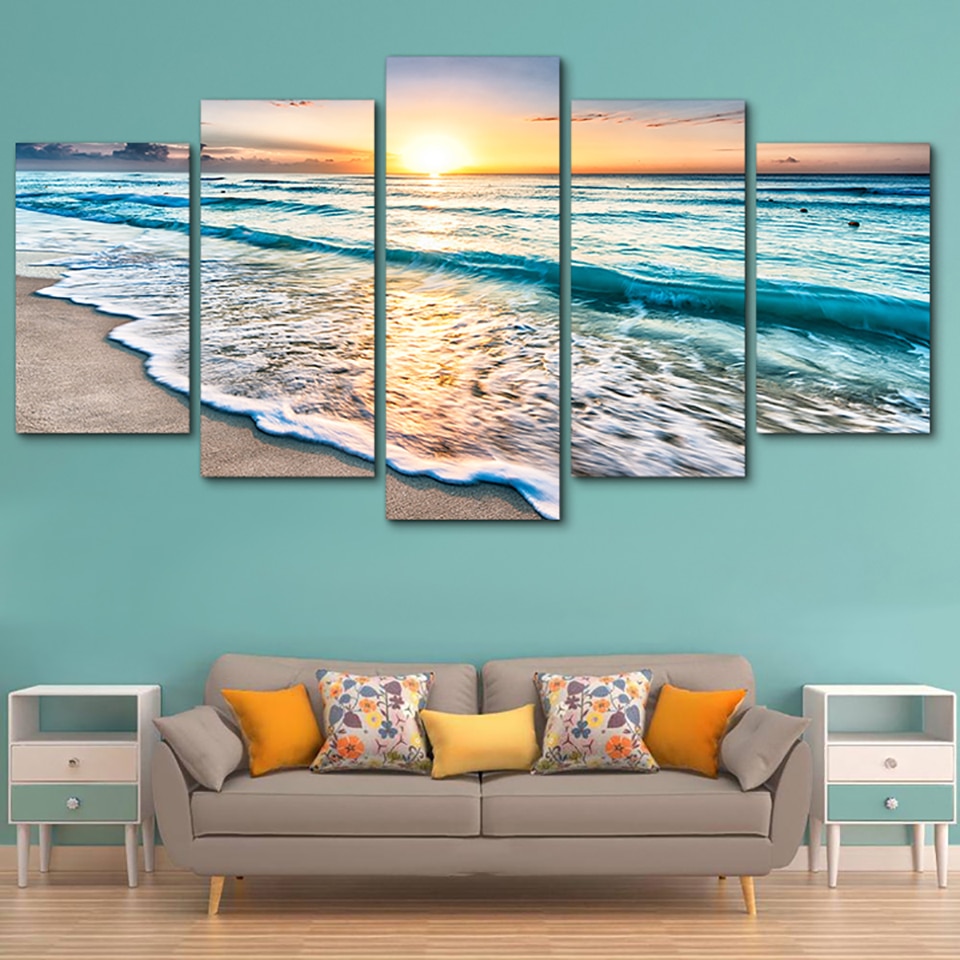 Tableau Wall Art HD Stampa Dipinti Manifesti Modulare Quadri Su Tela 5 Pannello Onde Sulla Spiaggia Al Tramonto Paesaggio Marino Decorazioni Per La Casa moderno