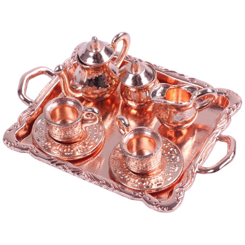Poppenhuis Miniatuur 1: 12 Speelgoed 8 Stuks Metalen Thee Set Lengte 6.5Cm: Rose Gold
