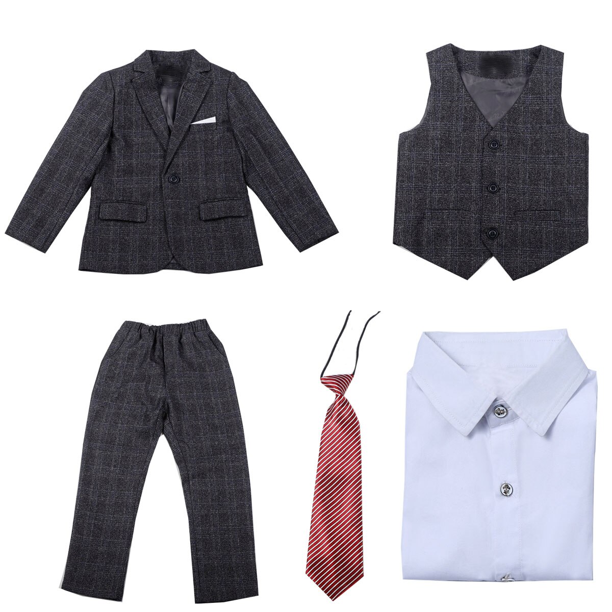 Kids Jongens Trouwpak Kinderen Bloem School Prestaties Blazer Formele Party Smoking Dress Kostuum Peuter Gentleman Sets 5Pcs: Gray 5PCS / 7-8 Years