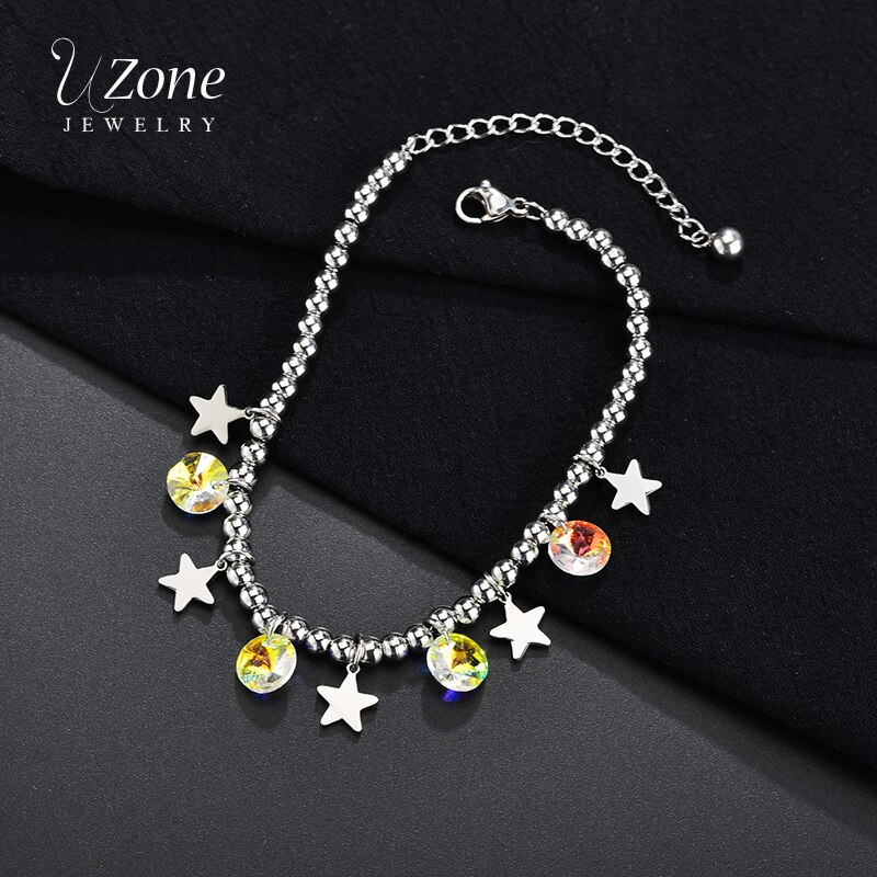 UZone Stainless Steel Pentagram Star Pendant Bracelet Romantic AB Crystal Beads Charm Bracelets For Women Birthday Pulsera