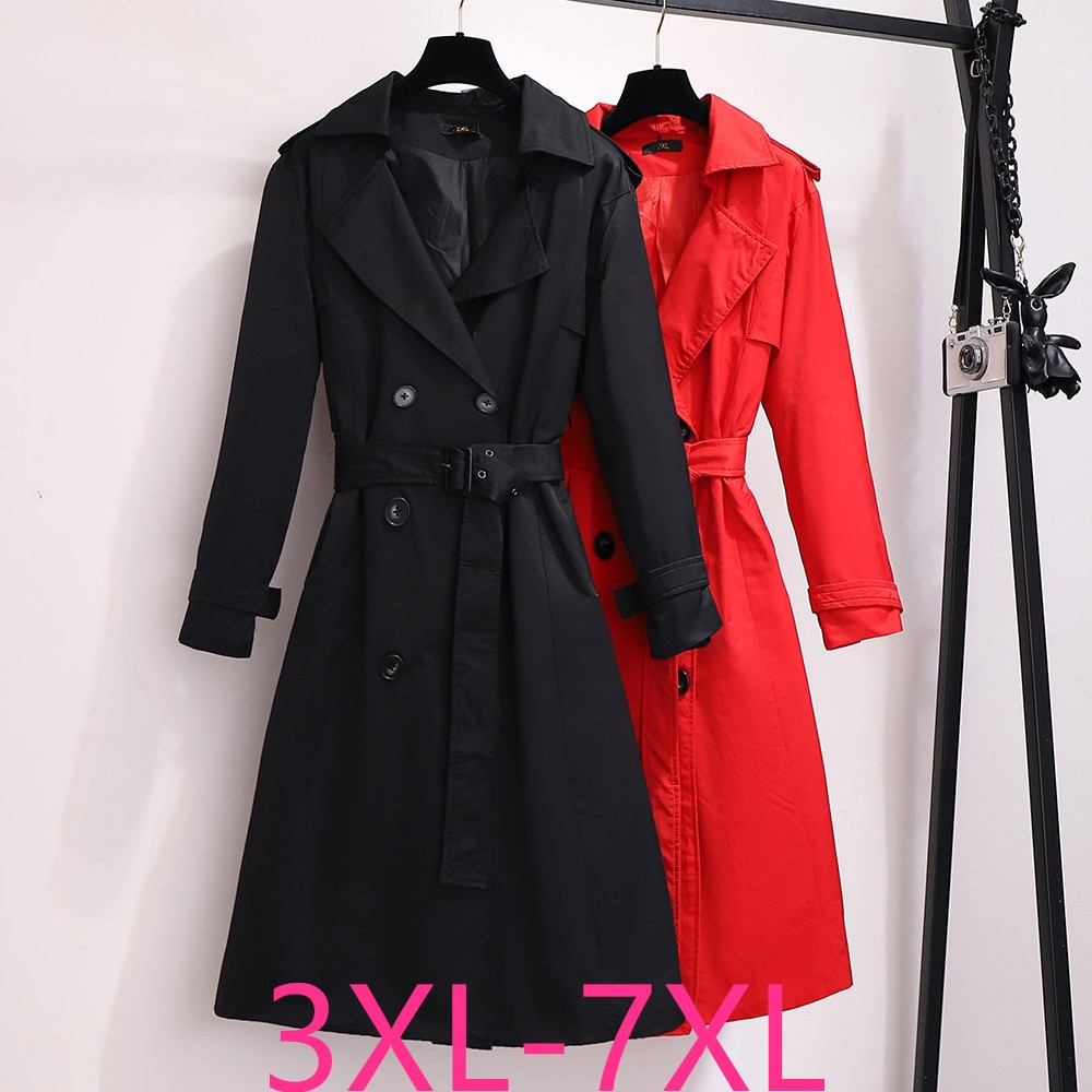 Efterår vinter plus size frakke til kvinder store afslappede løs støv lange frakker trench med bælte rød sort 3xl 4xl 5xl 6xl 7xl