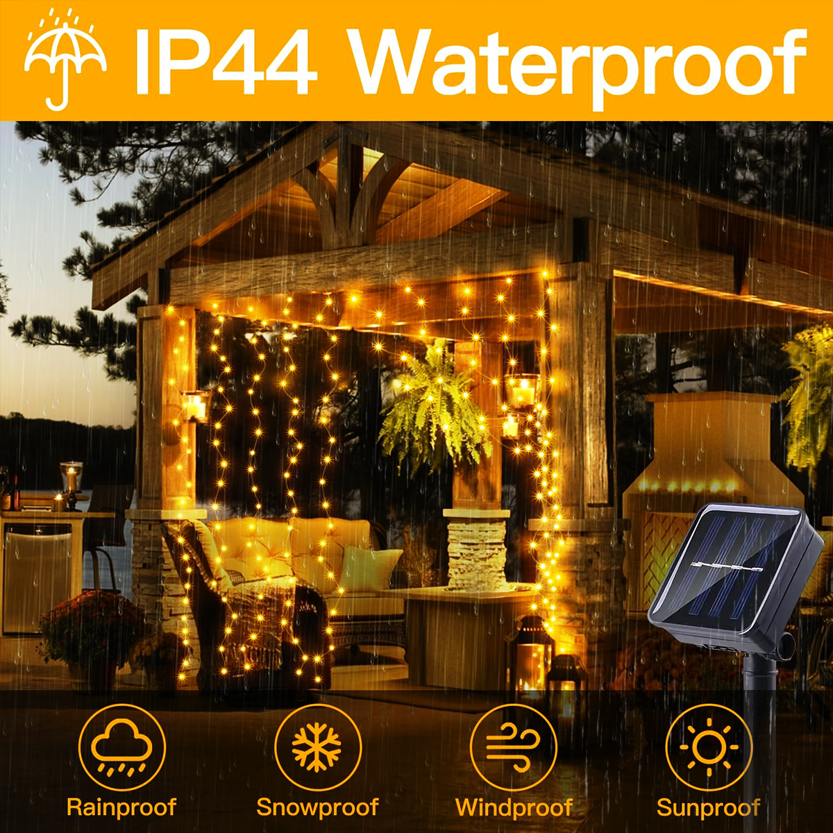 1 paquete de 300 luces LED de cortina solar para exteriores, 8 modos, luces de hadas, IP44 impermeable, decoración navideña de pared de jardín 9,8 pies x 9,8 pies