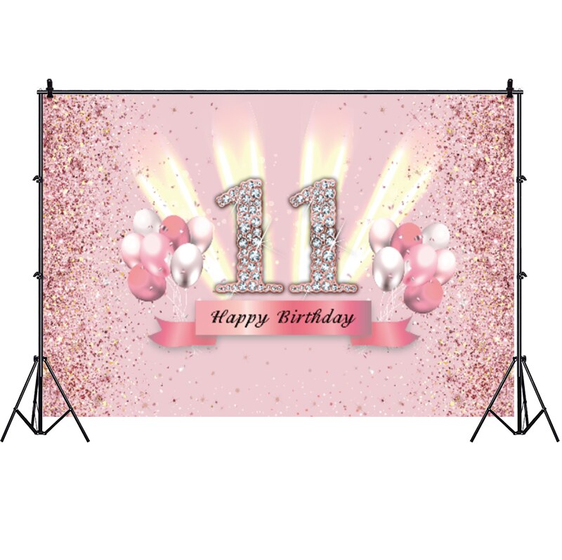 Sweet Pink 11 Years Old Photo Backdrop Girls Happy Birthday Party Balloon Eleven Photography Background Decoration Banner