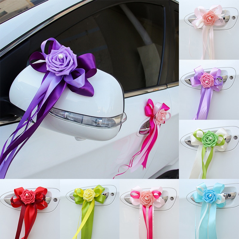 1 Pc Deurgrepen Mooie Party Festival Supplies Achteruitkijkspiegel Trouwauto Bloem Knoop Lint Decoraties 12 Kleuren 17x35cm