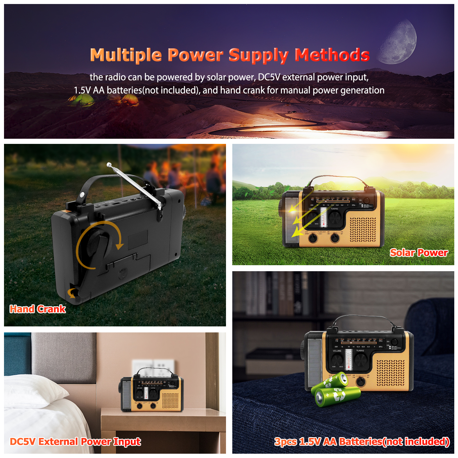 2000mAh Emergency Radio Hand Crank Solar Radio LED Flashlight Reading Lamps SOS Siren AM / FM / SW1 / SW2 World Band Receiver