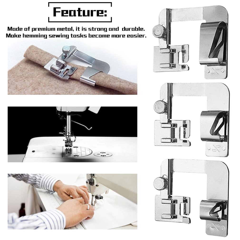 3Pcs Wide Hem Hemmer Adjustable Rolled Foot Set For Low Shank Domestic Sewing Machine Home Snap On Presser Feet Kit