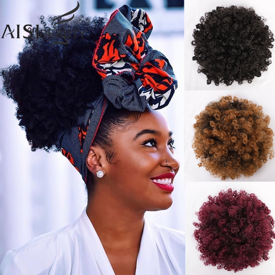AISIBEAUTY Afro Puff Hair Short Kinky Curly Chignon Hair Extensions Synthetic Puff Afro Bun Wrap Drawstring Hairpiece for Women