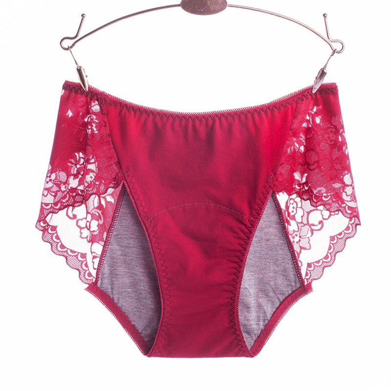 Cotton Physiological Period Leak Proof Menstrual Panties Sexy Lace Breathable Seamless Soft Fabric Women Underwear Breifs: Wine Red / L