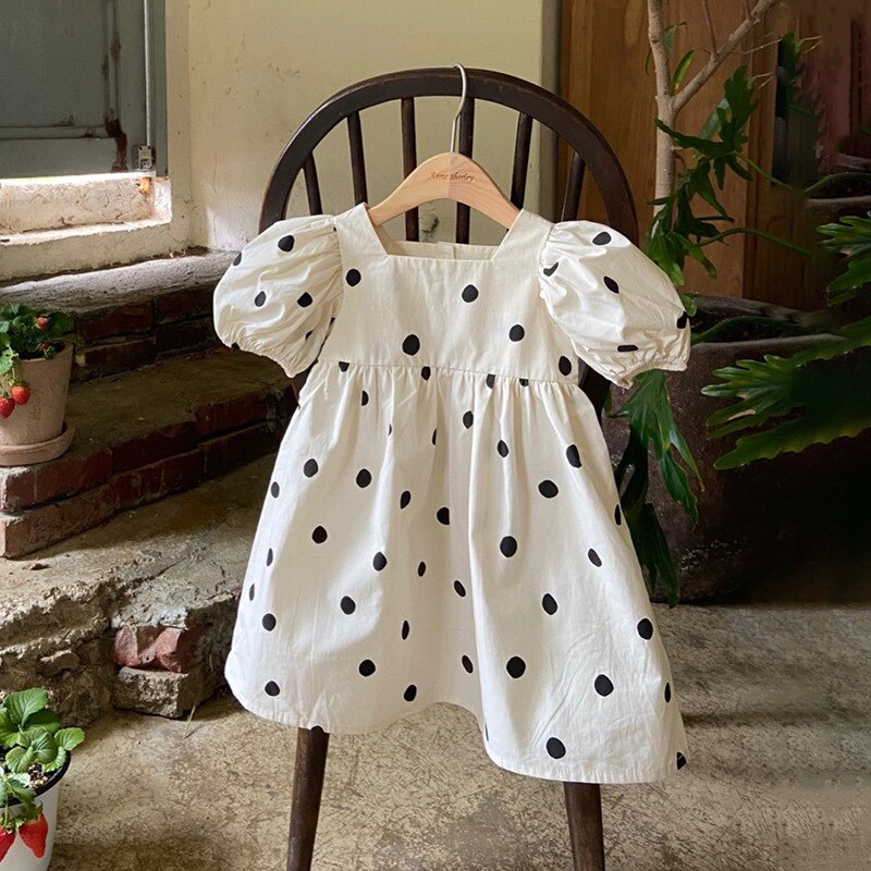 2022 Zomer Meisjes Dot Jurk Baby Bladerdeeg Mouw Jurk Mode Meisjes Kleding Dunne Katoen Vierkante Kraag Kinderen Prinses Jurk