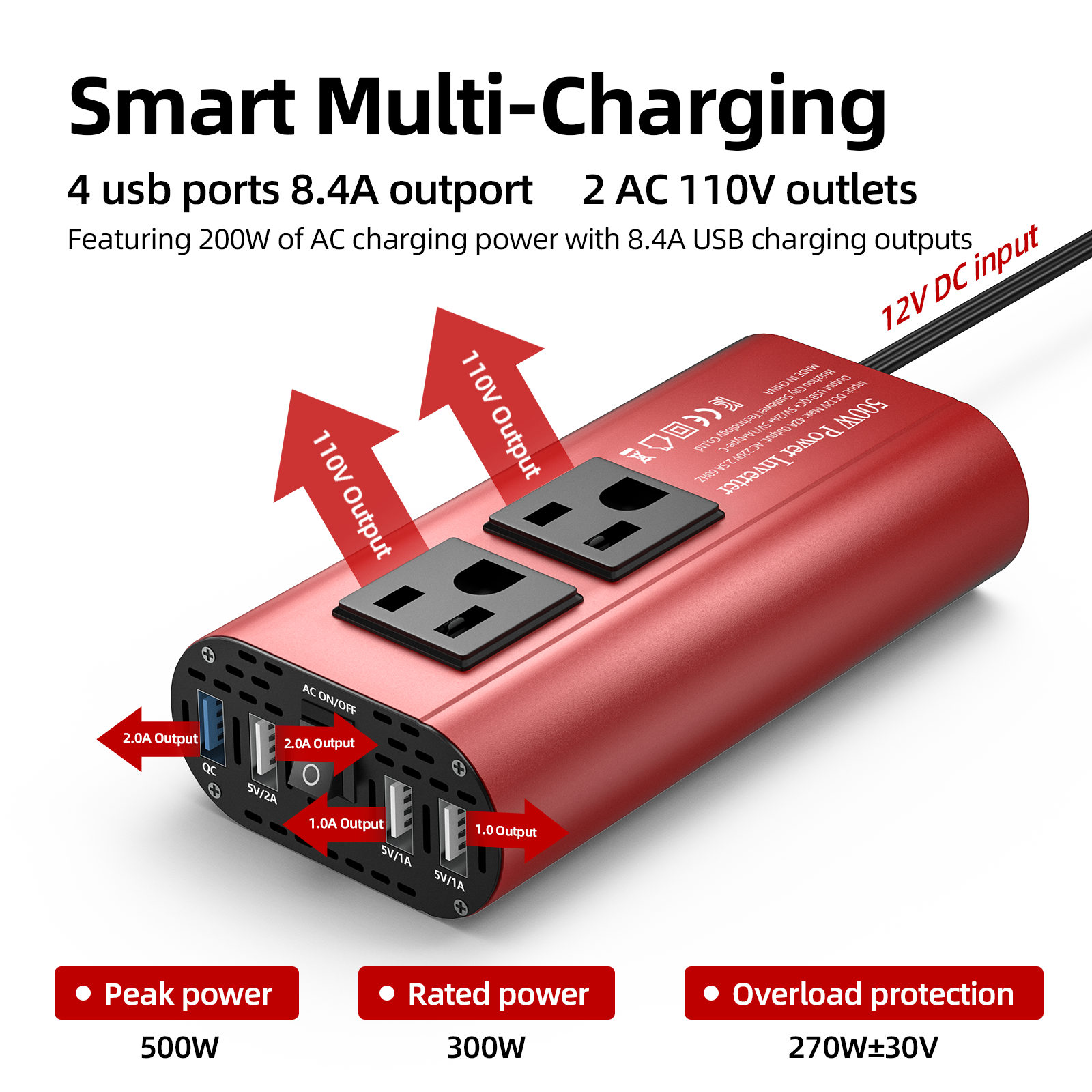 DC 12V to 110V AC Automotive inverter 500W DC to AC converter Automatic transformer with US standard socket multi-USB automotive