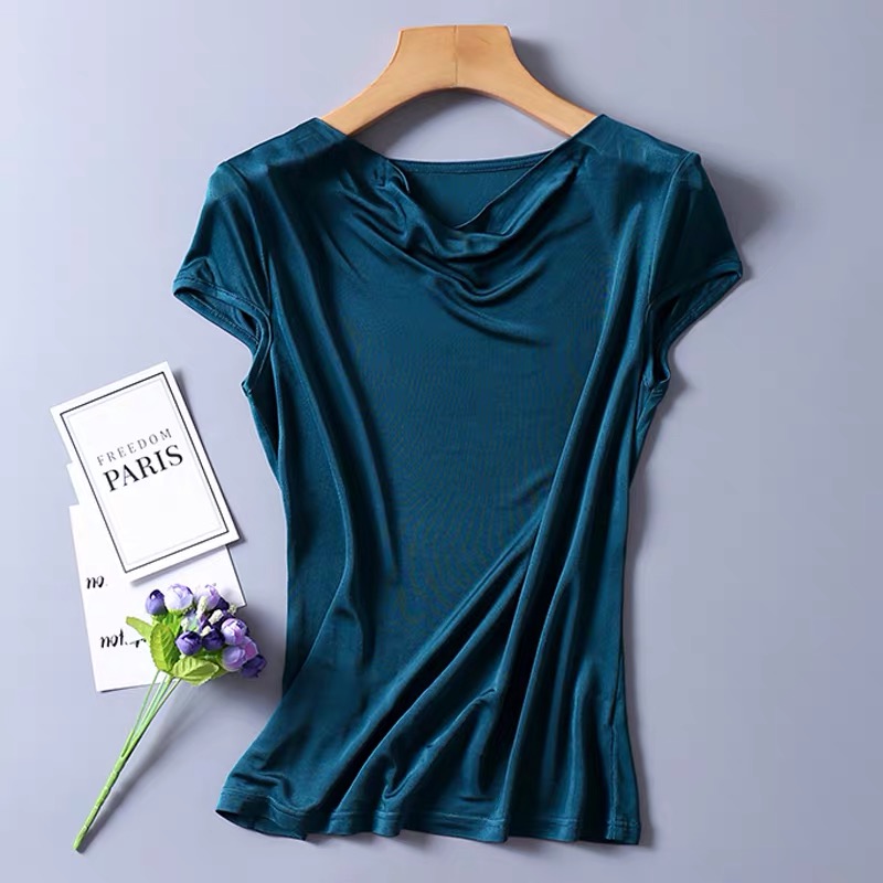 Dame #39 silke 50%  viskosestrik t-shirts s 50%  draperet halsudskæring top 8 farver m -2xl sj305: Xl / Grøn