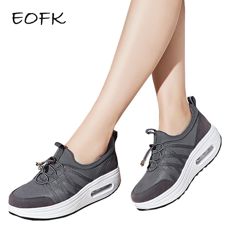 EOFK Neue Qood Frauen lässig Turnschuhe Schuhe Frau Wohnungen Plattform Elastische Schaukel Grau Schuhe