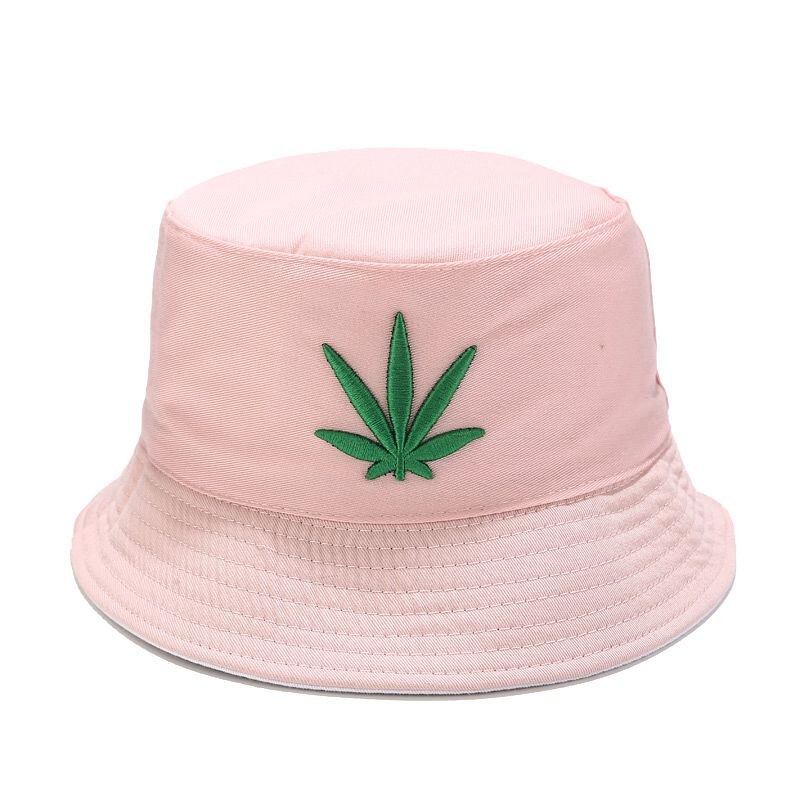 Broderi ahornblad spand hat mænd og kvinder reversibel hip hop fisker panama hætter bomuld udendørs sommer swag fiskeri hatte: Lyserød-hvid