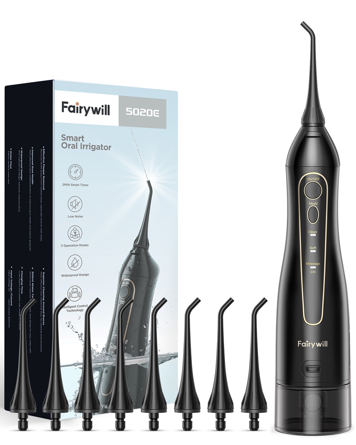 Fairywill Elektrische Schall- Zahnbürste &Ampere; Wasser Flosser USB Ladung Wasserdichte 5 Modi 3 Pinsel Köpfe Zahnbürsten Zähne Reiniger: FW-5020E-Schwarz