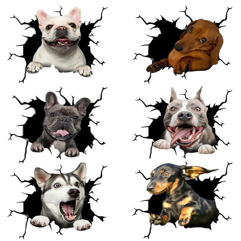 1pc Car Sticker Dog Head Crack Home Motorcycle Wall Windows Decoration Sticker Husky Bulldog Crack Toilet Sticker Fridge Sticker